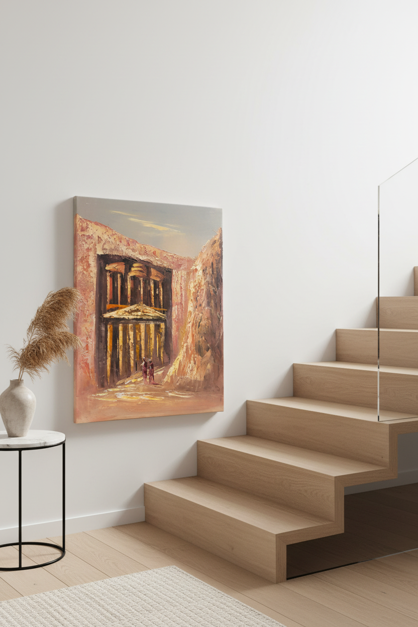 Petra Treasury painting leaning against wall near stairs in luxury home interior