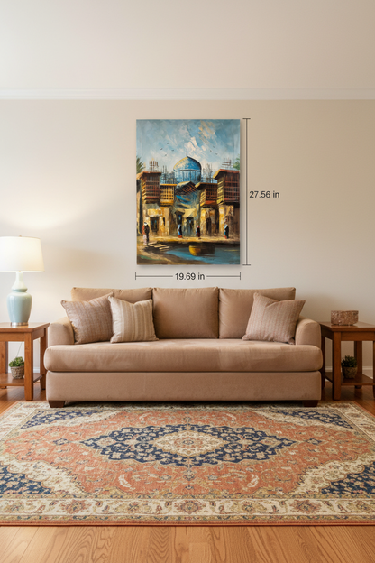 Original oil painting displayed on the main wall of a warm inviting family living room, no frame, canvas only