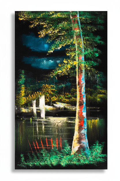 Colorful Birch by the Lake at Night original oil painting on white background with natural shadow