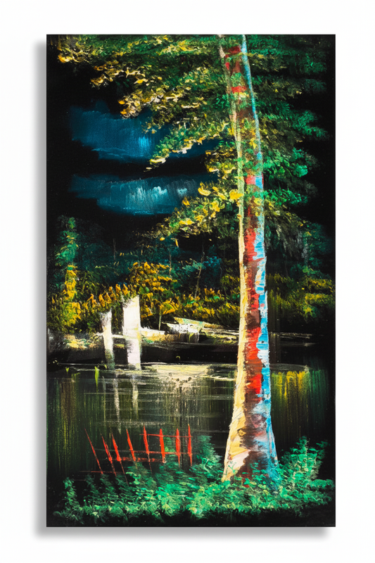 Colorful Birch by the Lake at Night original oil painting on white background with natural shadow