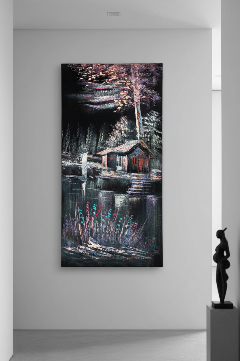 Lakeside Cabin painting displayed in modern hallway interior setting
