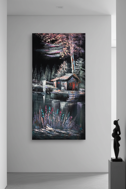 Lakeside Cabin painting displayed in modern hallway interior setting