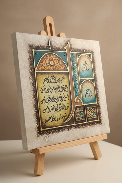 Al-Rahman Al-Raheem Islamic calligraphy canvas on wooden art stand