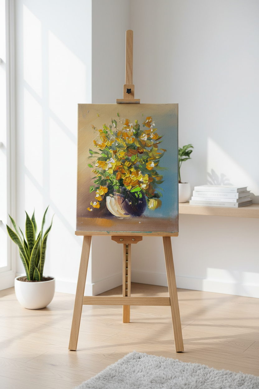 Original yellow floral bouquet oil painting displayed on wooden easel stand in bright modern interior