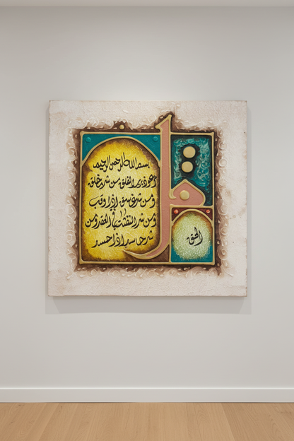 Surah Al-Falaq Teal Edition calligraphy canvas hanging on empty hallway wall – minimal modern interior