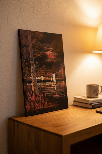 Crimson moonlit forest lake canvas art propped on rustic wooden shelf in cozy warm bedroom lifestyle photo