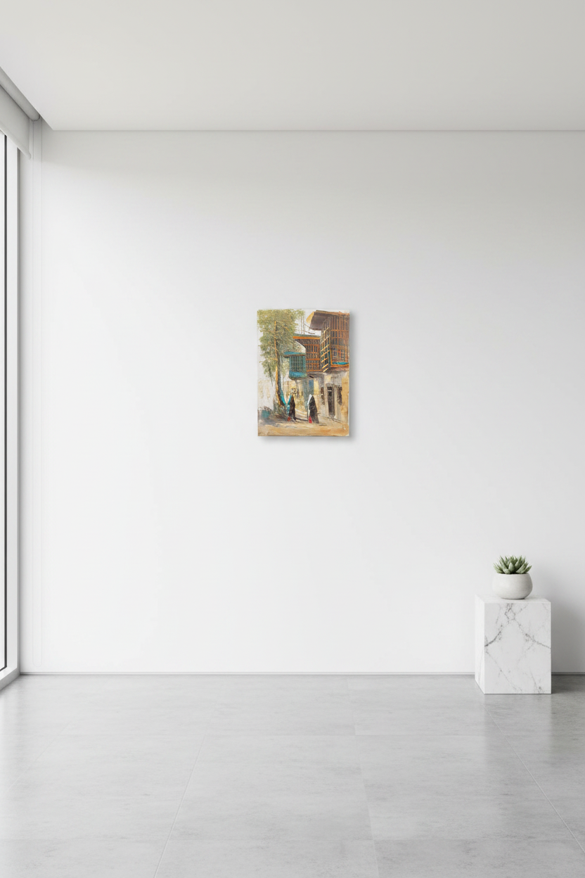 Old town street scene oil painting hung on an empty wall – frameless display