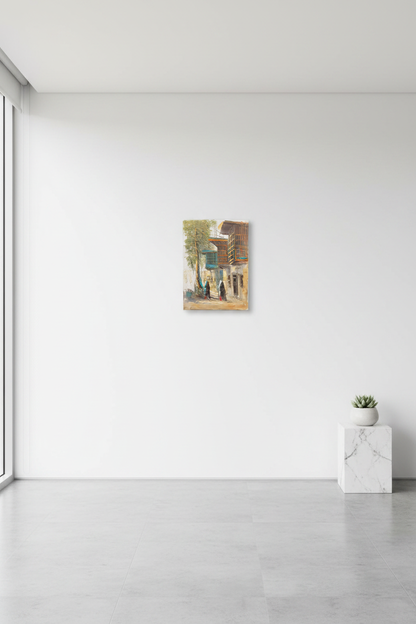 Old town street scene oil painting hung on an empty wall – frameless display