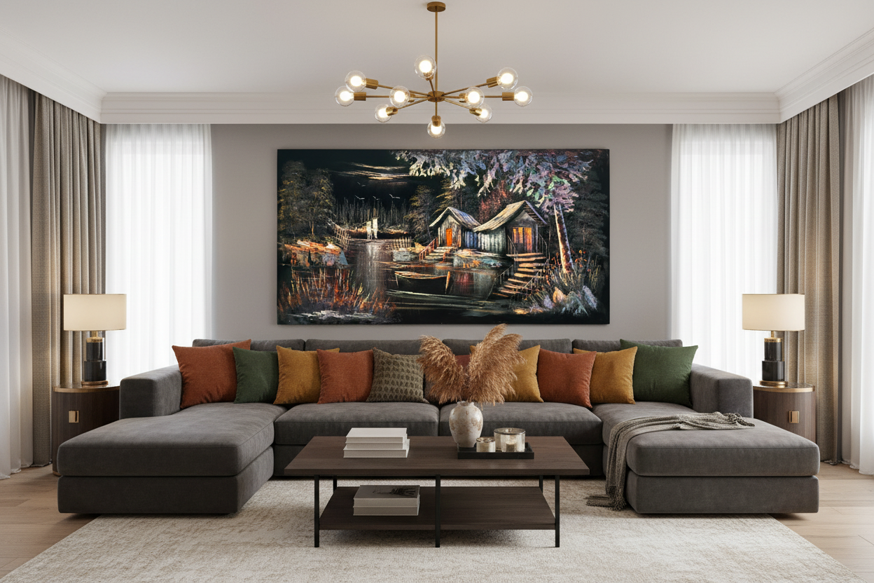 Lakeside cabin night scene canvas wall art displayed in modern living room above sofa