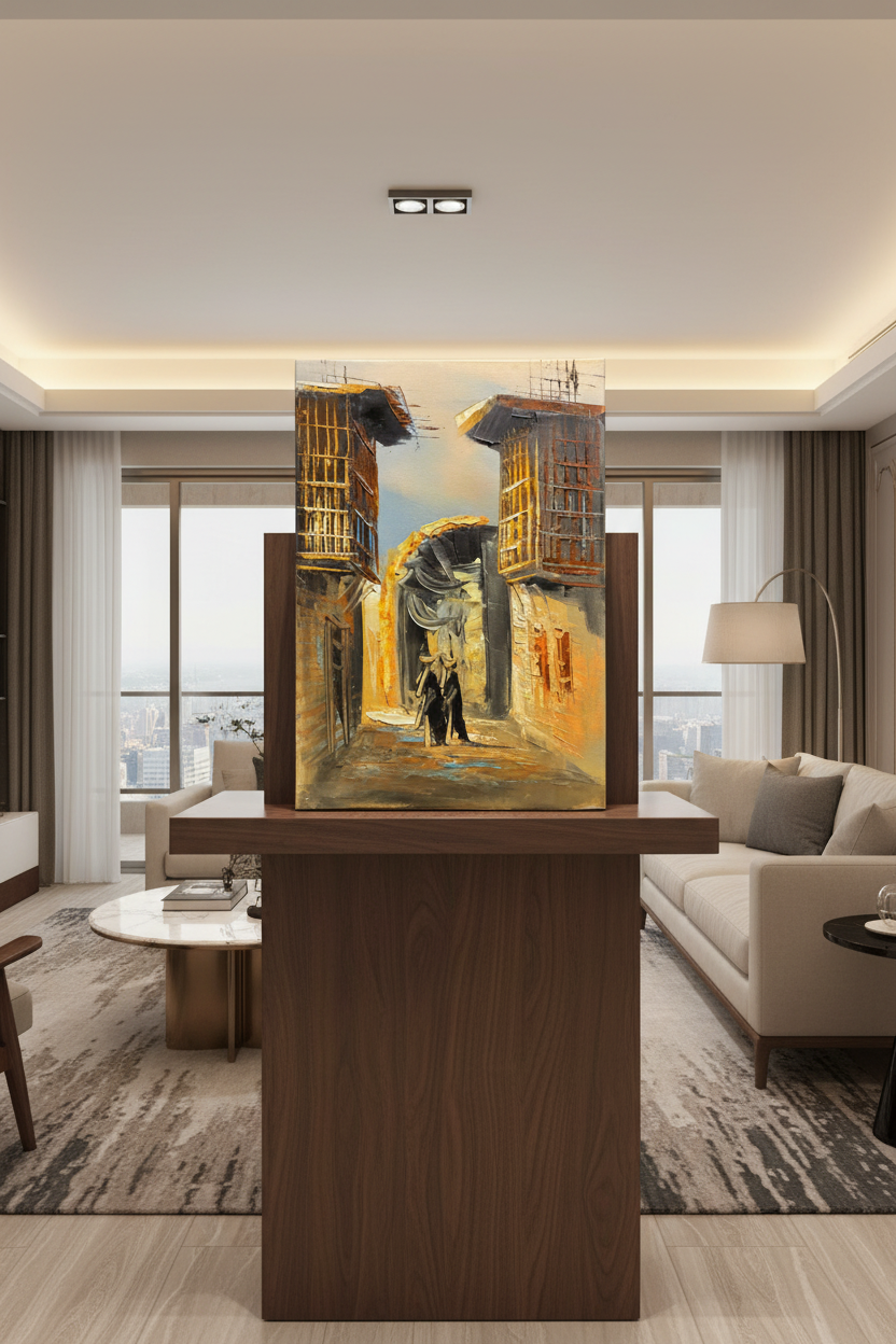 Under the arch old town oil painting on wooden art stand in modern living room – no frame