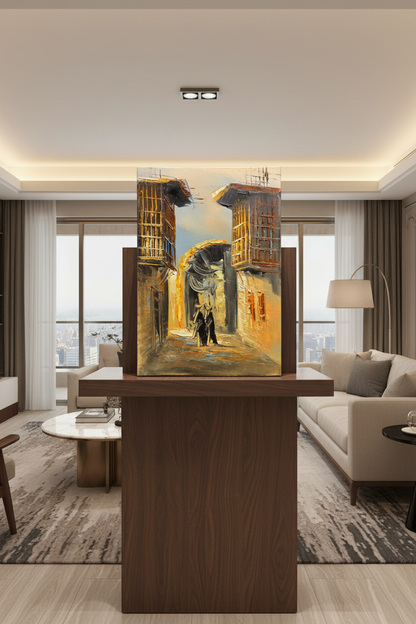 Under the arch old town oil painting on wooden art stand in modern living room – no frame