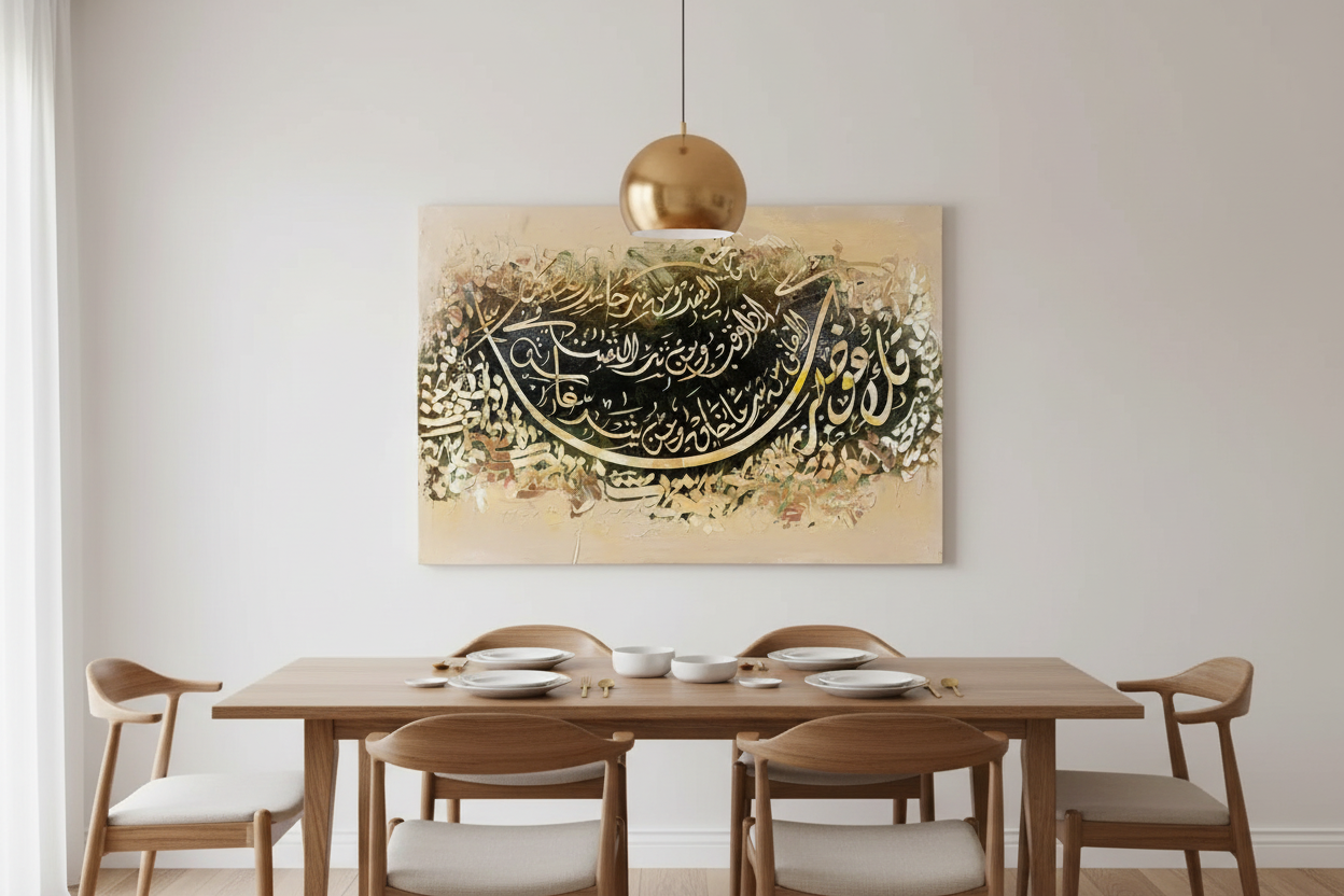 Surah Al-Falaq gold ivory calligraphy canvas displayed in a dining area, no frame