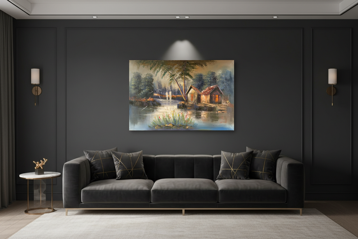 Original glowing lakeside cabin oil painting hung unframed on dark charcoal feature wall in a sophisticated modern leaving room at correct scale 35.43 by 23.62 inches
