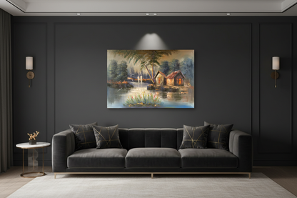 Original glowing lakeside cabin oil painting hung unframed on dark charcoal feature wall in a sophisticated modern leaving room at correct scale 35.43 by 23.62 inches
