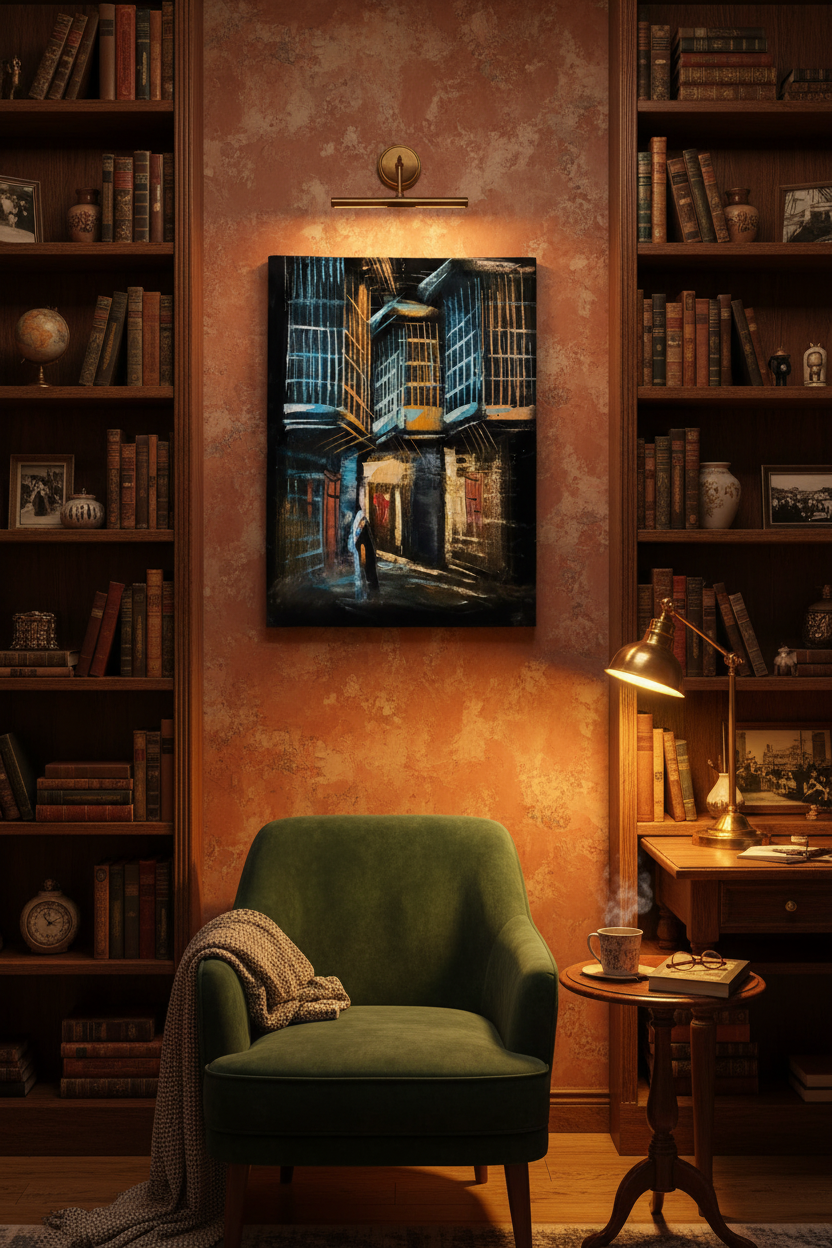 Rainy Night Alleyway oil painting on cognac terracotta wall in eclectic study with bookshelves — no frame, warm lifestyle art photography