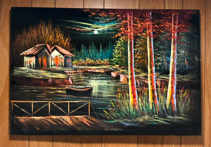 Moonlit Lakeside Cabin Night Scene Canvas Wall Art | Rustic Forest Lake Print 35.4" × 23.6"