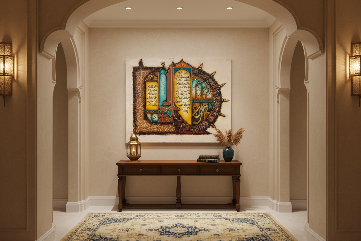 Islamic illuminated manuscript art displayed frameless in elegant hallway