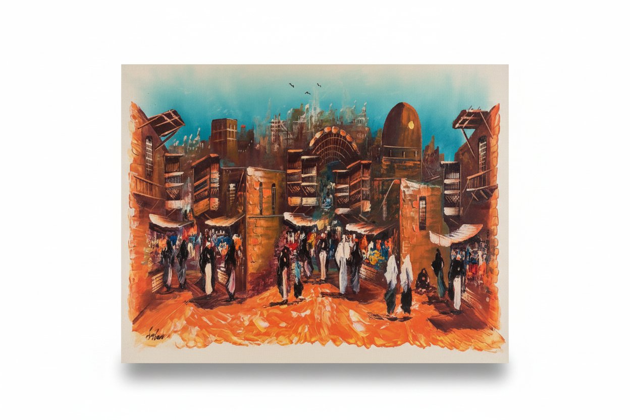Ancient city gate bazaar oil painting isolated on white background with drop shadow, no frame, raw canvas edges