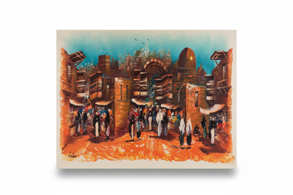 Ancient city gate bazaar oil painting isolated on white background with drop shadow, no frame, raw canvas edges