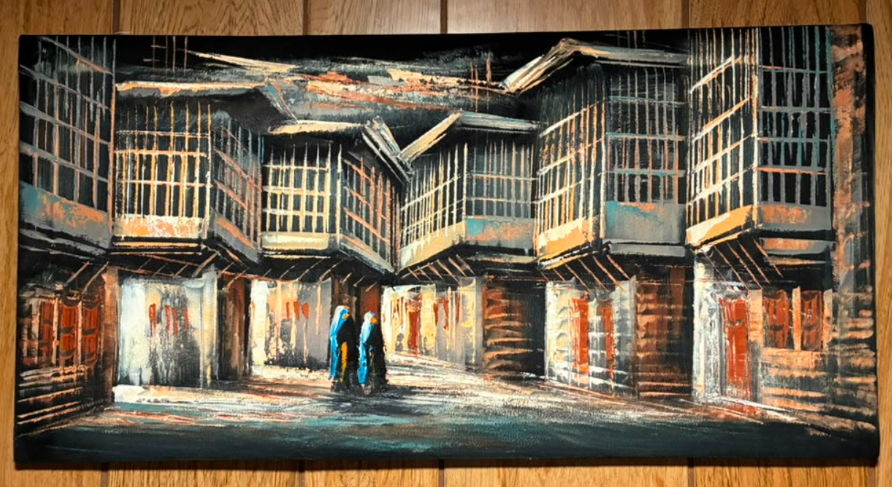 Old Bazaar Alley at Night — Original Oil Painting on Canvas | 23.62" × 11.81"