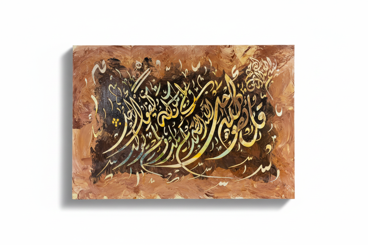 Islamic calligraphy gold and white canvas art on white background with shadow, no frame, product shot