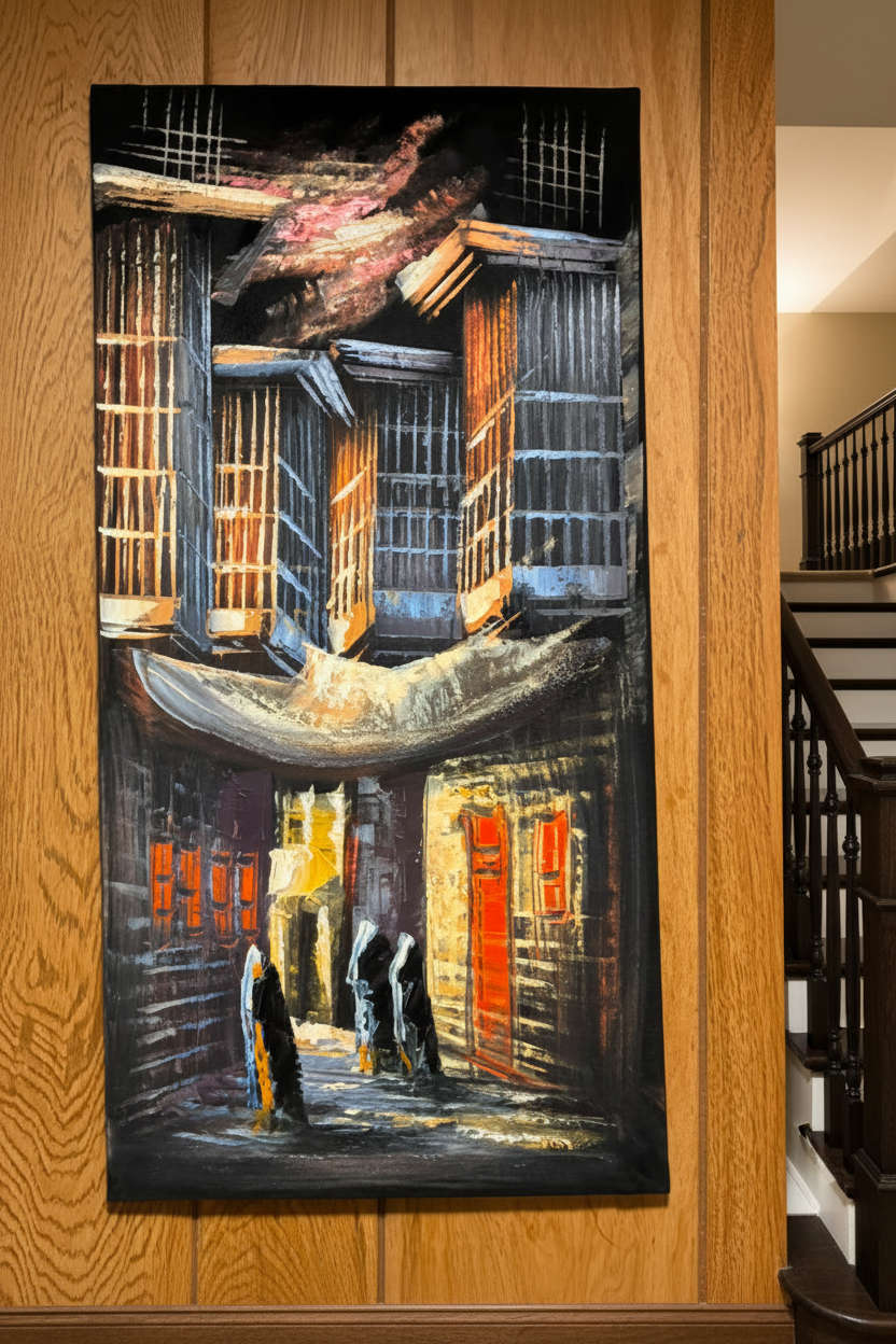 Ancient Alley painting displayed in elegant staircase interior setting