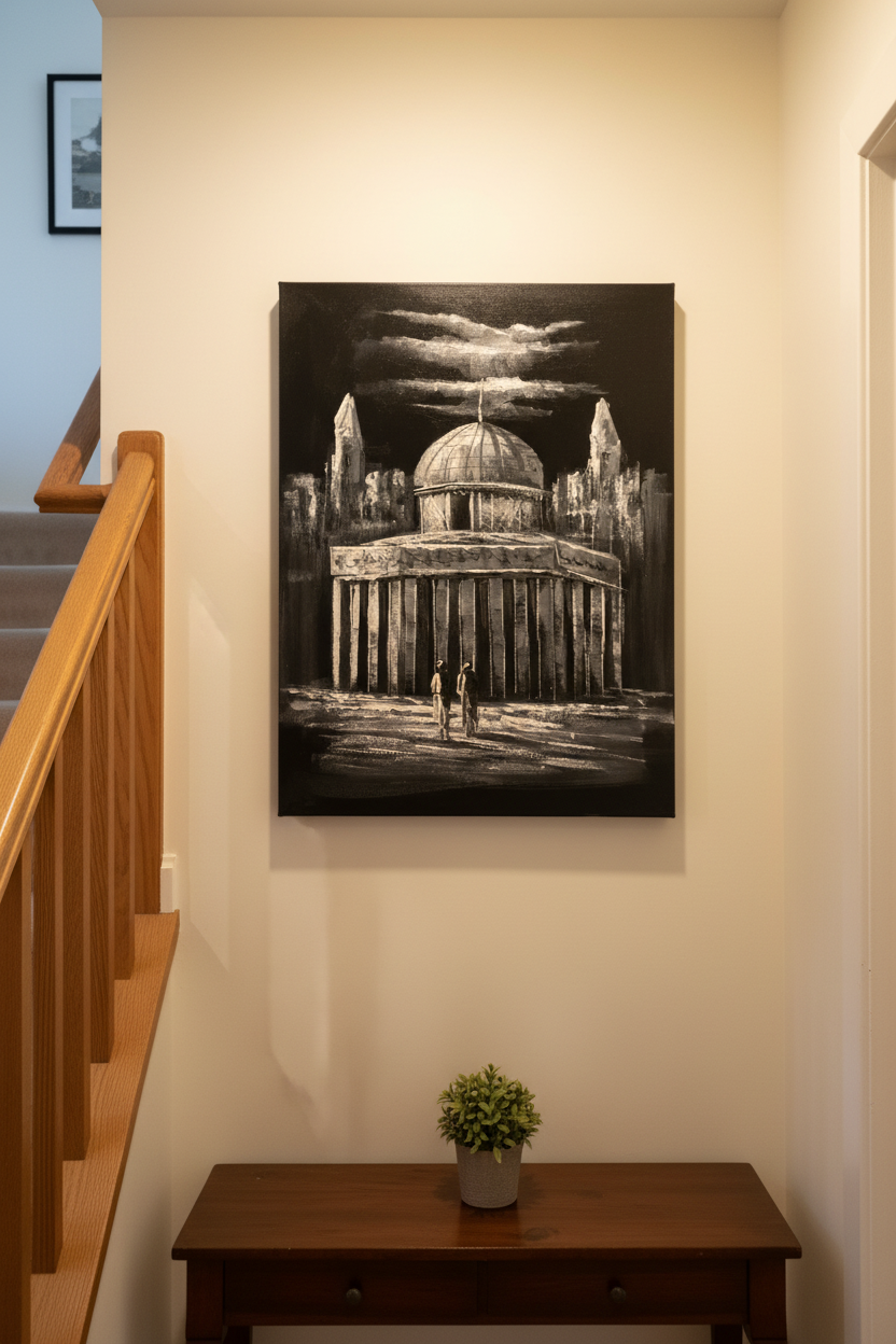 The Grand Dome black and white oil painting on cream white wall in intimate hallway near staircase — no frame, lifestyle interior staging