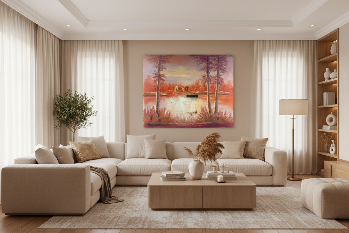 Original crimson autumn lake oil painting hanging in a luxury family room — frameless wall art, 39.37 x 31.50 inches