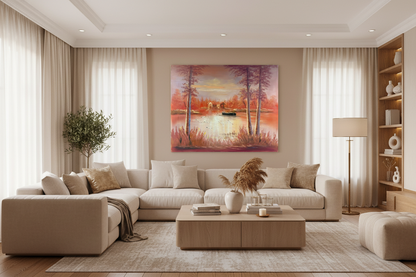 Original crimson autumn lake oil painting hanging in a luxury family room — frameless wall art, 39.37 x 31.50 inches