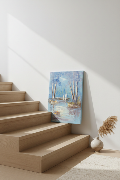 Moonlit riverside painting leaning against wall near stairs in luxury home interior