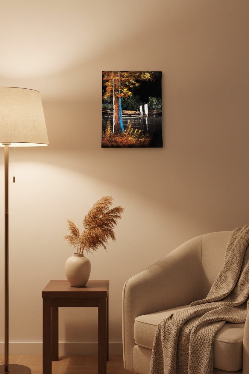 Autumn lakeside forest bold tree canvas art displayed in small cozy room lifestyle photo