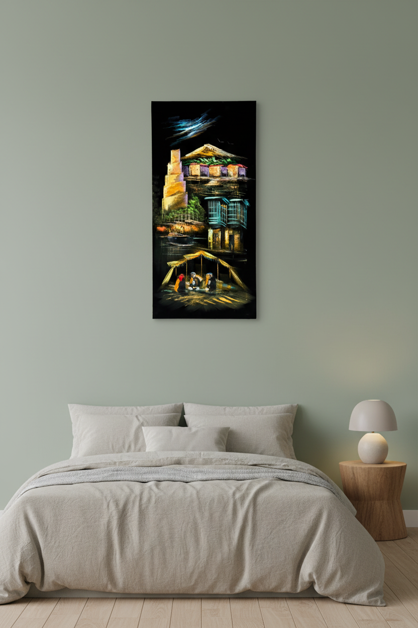 Original Malwiya minaret acrylic painting displayed unframed on a sage green minimalist bedroom wall