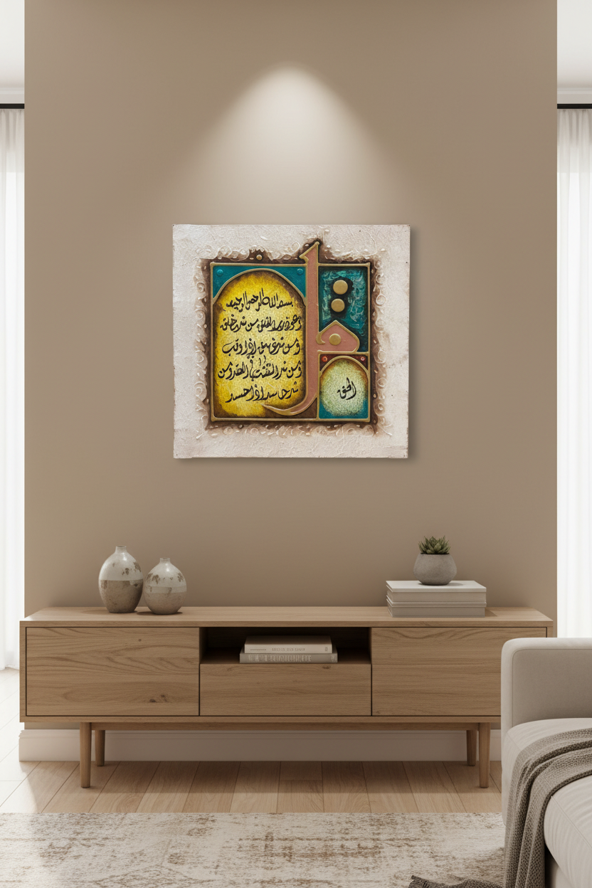 Surah Al-Falaq Teal Edition Islamic calligraphy canvas displayed in modern living room above console table