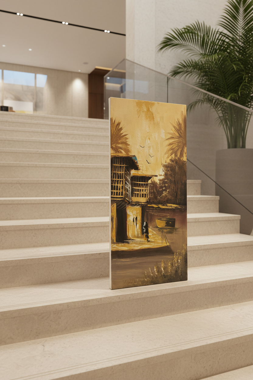 Original oil painting leaning against elegant stone stairs in a warm interior, no frame