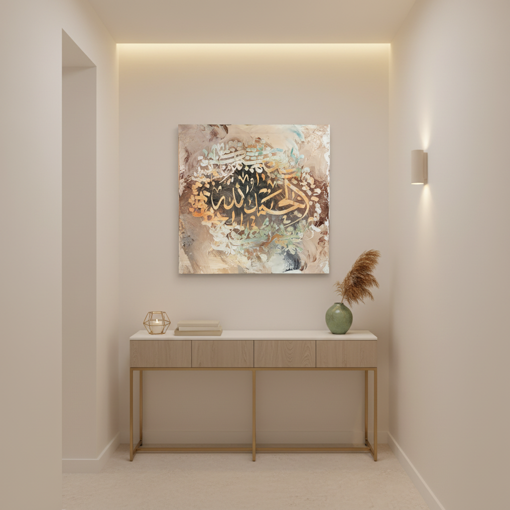 Alhamdulillah pearl white square canvas art displayed in a modern hallway, no frame