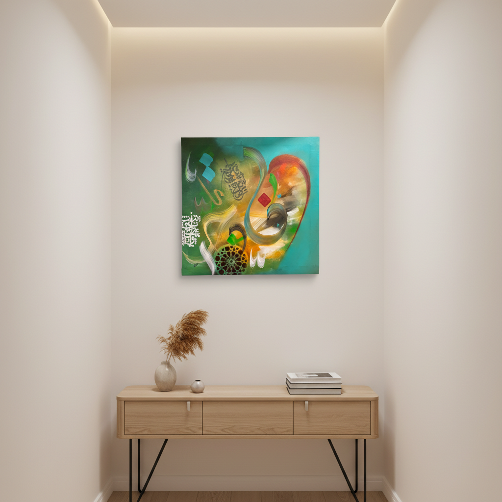 Abstract Islamic calligraphy teal green gold square canvas art displayed in a modern hallway, no frame