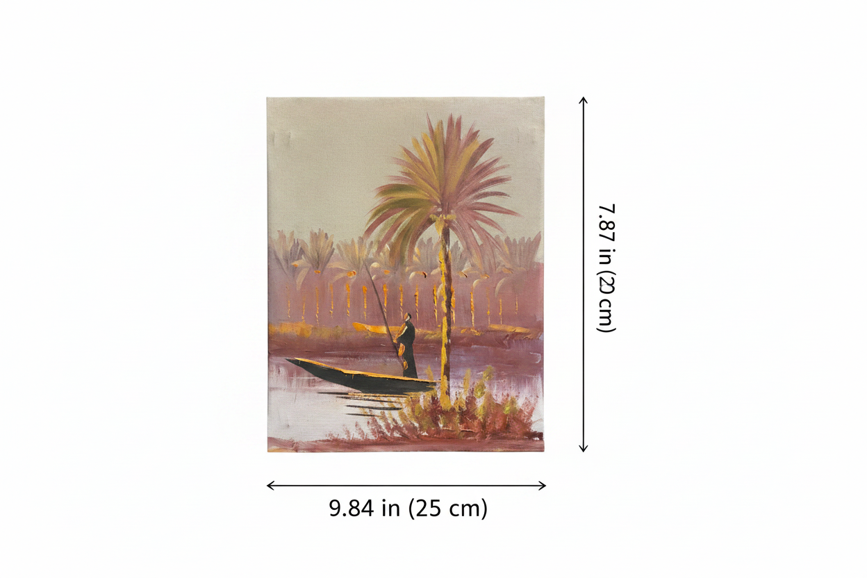 Dimension diagram showing 9.84 inch width and 7.87 inch height of the riverside palm oil painting canvas