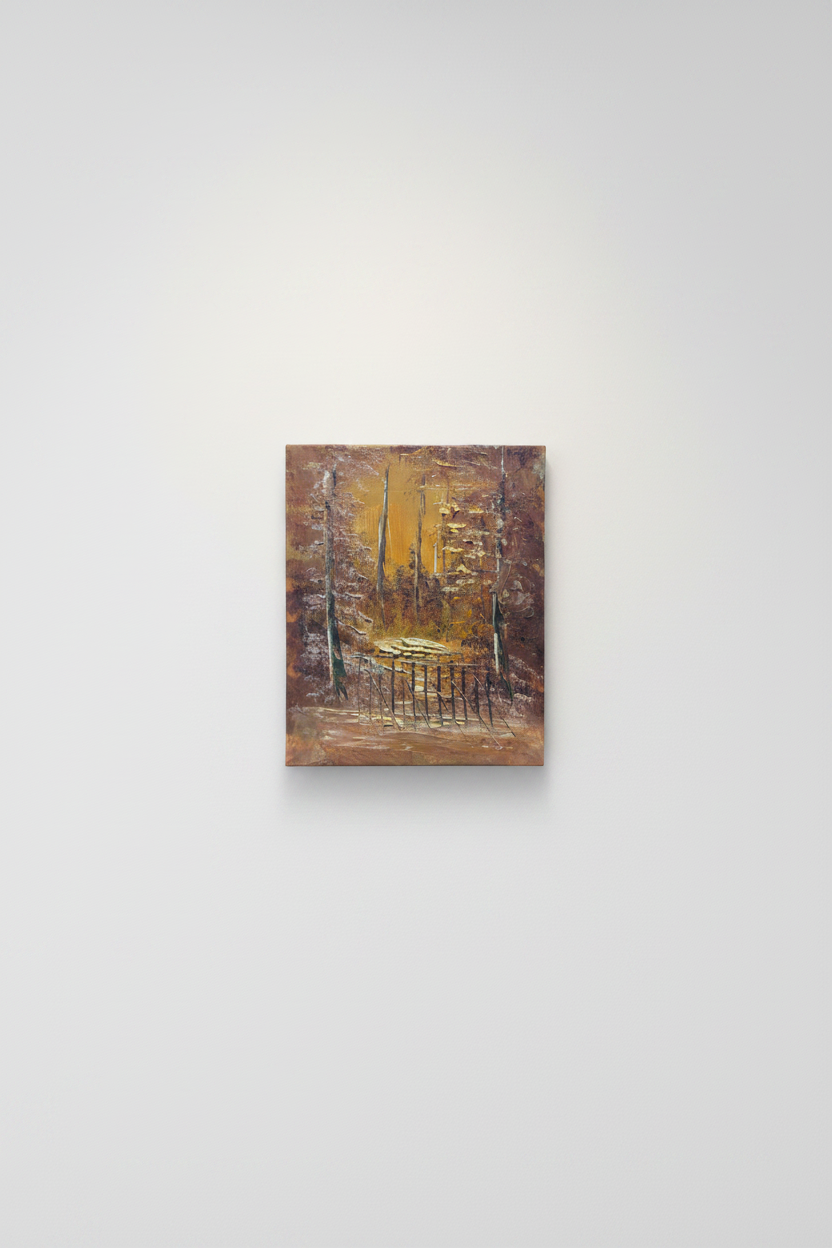 Original forest gate impasto canvas displayed unframed on clean empty white wall in minimal interior