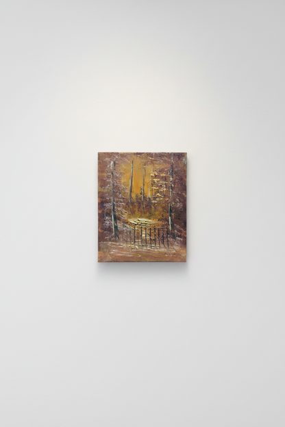 Original forest gate impasto canvas displayed unframed on clean empty white wall in minimal interior