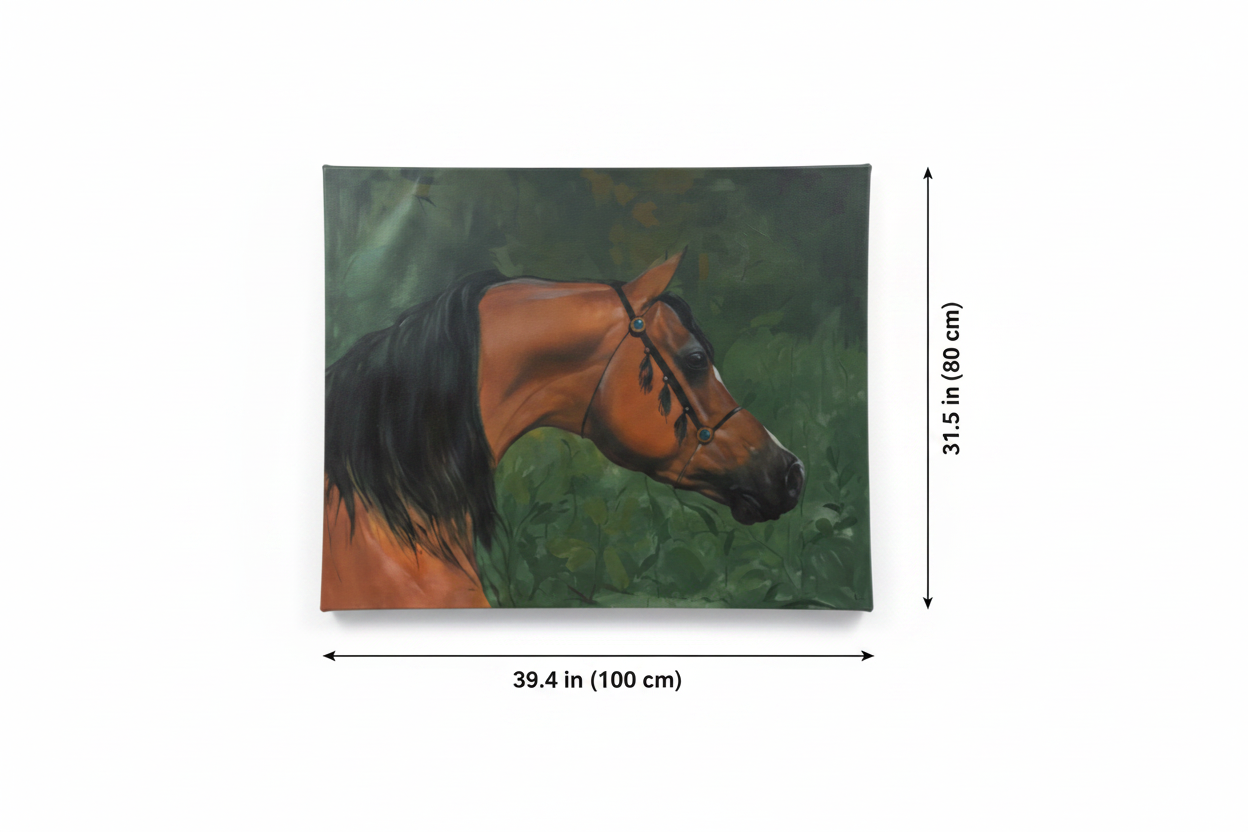 Bay Arabian horse portrait canvas art with dimensions 39.4 inches wide x 31.5 inches tall 100cm x 80cm