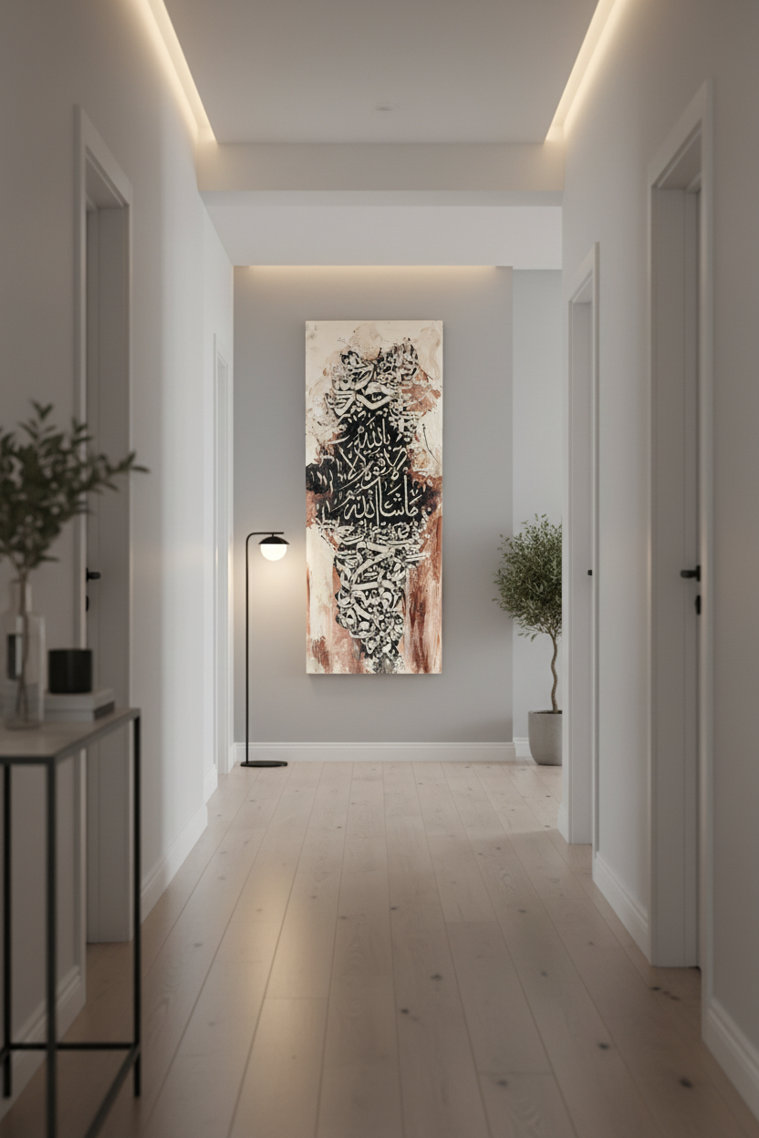 Mashallah Islamic calligraphy canvas wall art hung in a modern hallway, no frame, vertical format