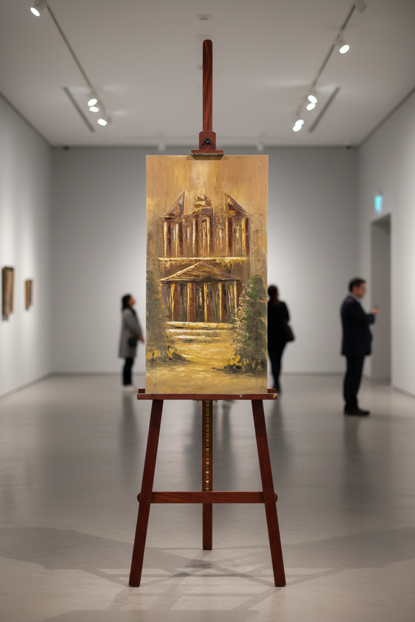 Ruins in Golden Light oil painting displayed on art easel stand