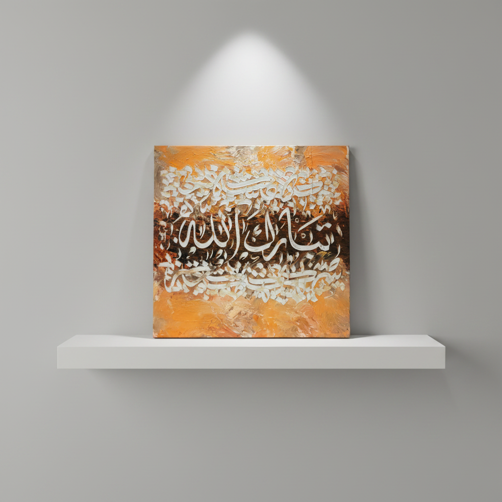 Tabarakallah gold copper square canvas art 15.75x15.75 inches (40x40cm) on a minimalist stage area shelf, no frame