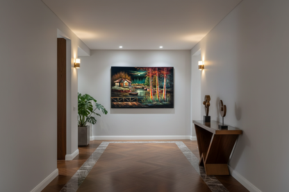 Moonlit lakeside cabin canvas art in upscale hallway — lifestyle interior mockup