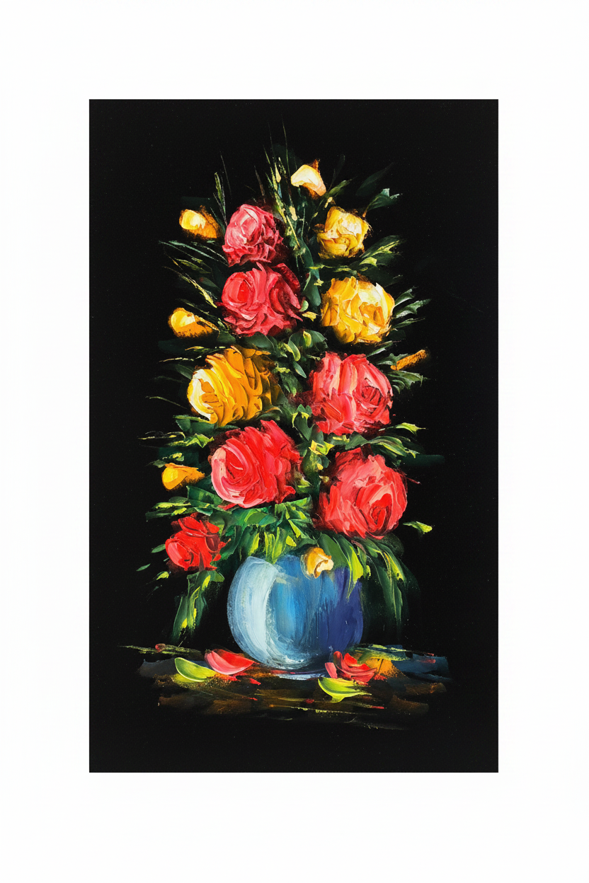 Roses in Blue original acrylic painting on white background — no frame, 11.81 x 23.62 inches