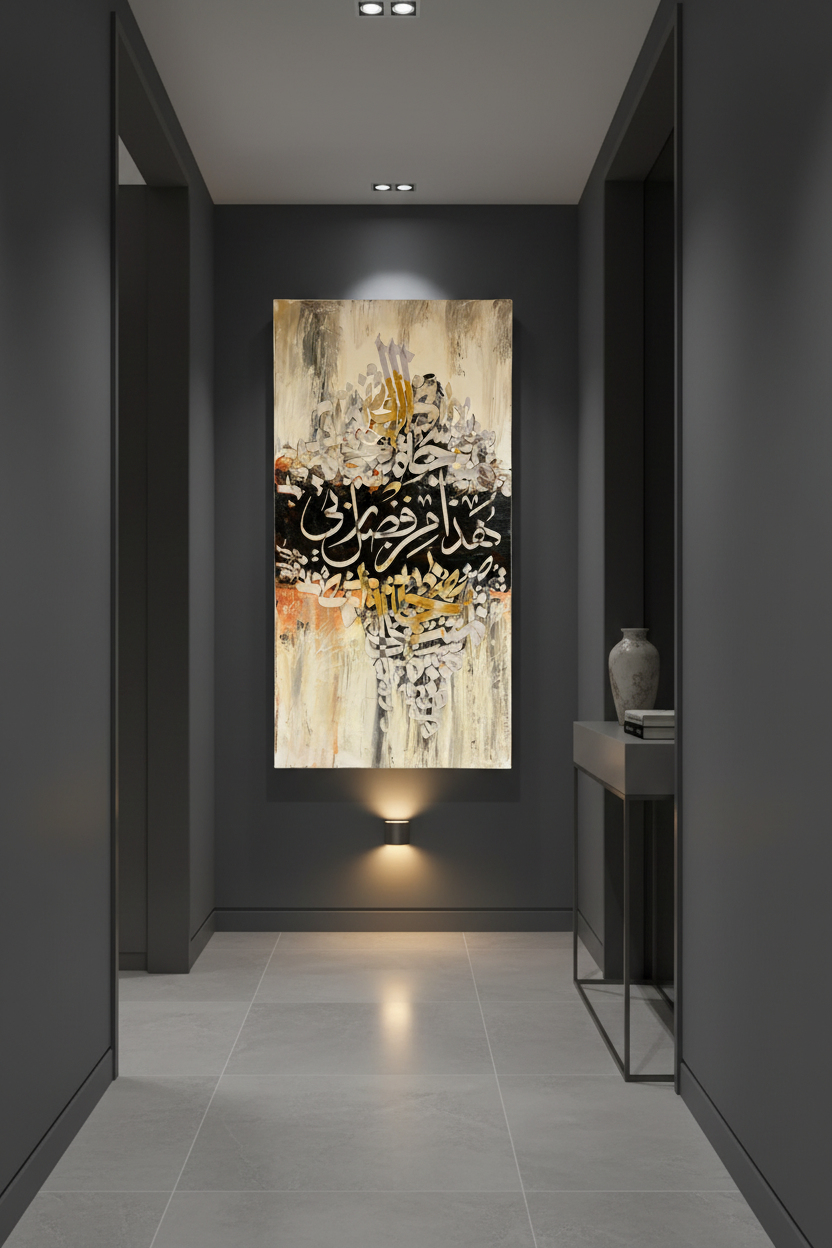 Hatha Min Fadli Rabbi Islamic calligraphy canvas art hung in a modern hallway – lifestyle mockup, no frame