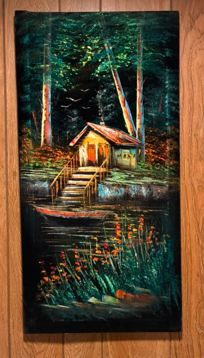 Forest Boathouse at Night – Original Oil Painting on Canvas