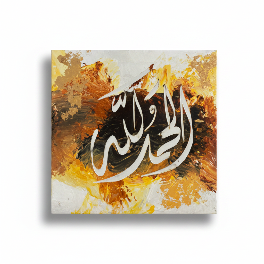 Alhamdulillah golden amber calligraphy canvas isolated on white background with soft drop shadow