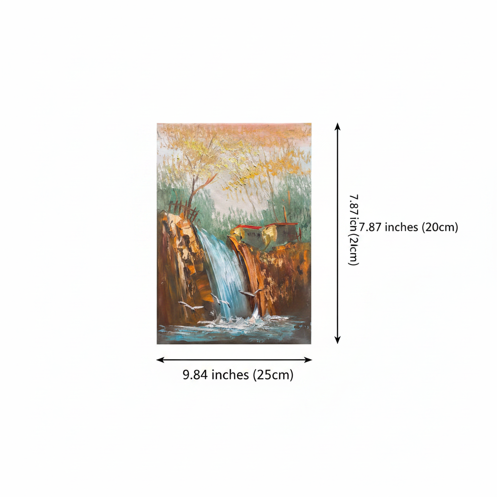 Dimension diagram: waterfall and golden trees oil painting 9.84 inches wide by 7.87 inches tall on white background