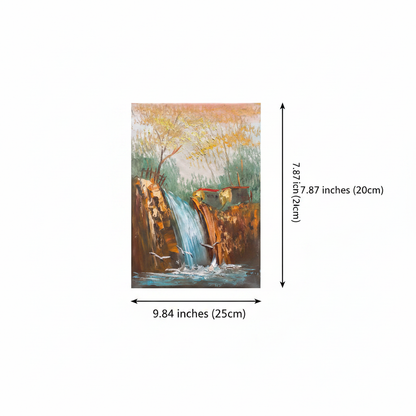 Dimension diagram: waterfall and golden trees oil painting 9.84 inches wide by 7.87 inches tall on white background